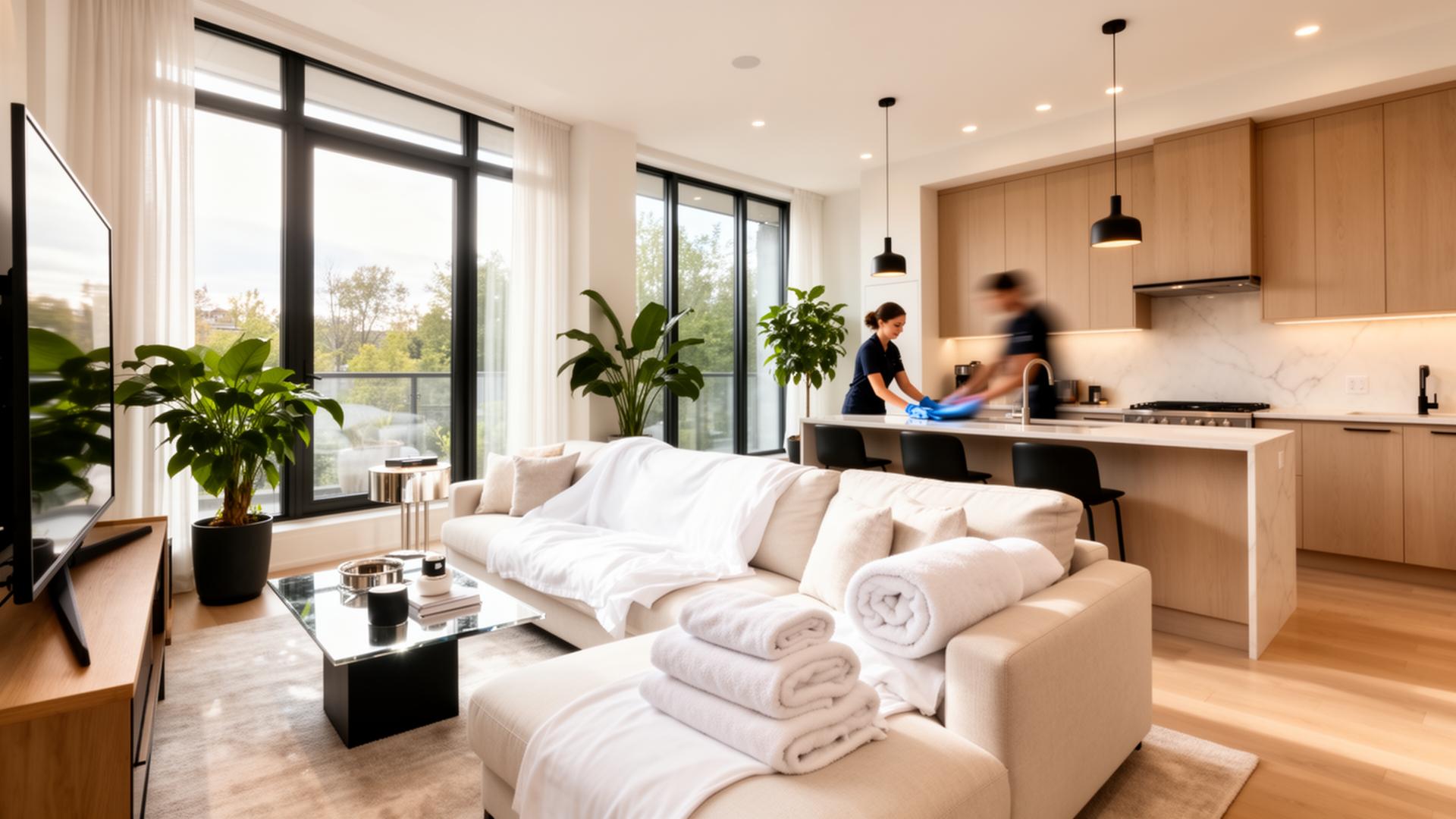 Immaculately clean, sunlit luxury living room and kitchen with rolled towels